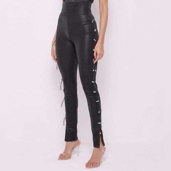 Maniere de Voir Toggle Detail Black Vegan Leather Reptile Print Leggings size 6 - Picture 1 of 15